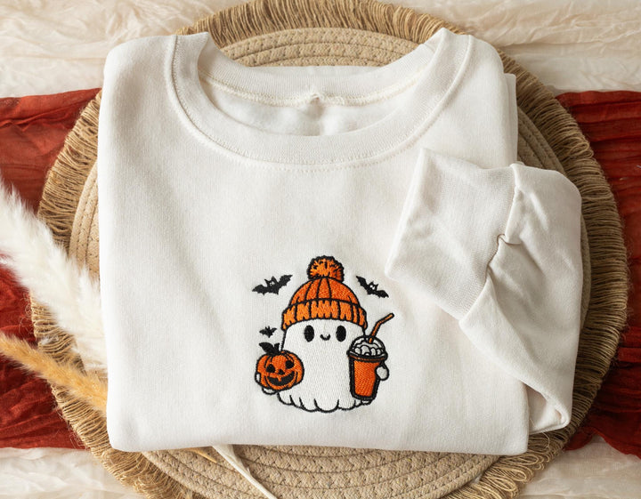 Embroidered Cute Ghost Sweatshirt, Embroidered Fall Sweatshirt, Halloween Sweatshirt, Coffee Ghost Sweatshirt, Sweatshirt Crewneck, BG1-C-97