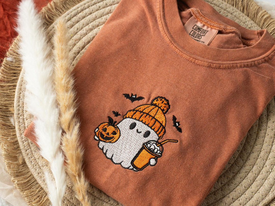 Embroidered Coffee Lover Ghost Tshirt, Yam Colored T-shirt, Trendy Fall T-shirt, Fall shirts for Women, Cute Ghost Fall Halloween BG1-C-97