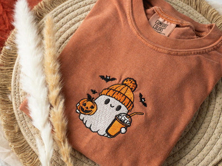 Embroidered Coffee Lover Ghost Tshirt, Yam Colored T-shirt, Trendy Fall T-shirt, Fall shirts for Women, Cute Ghost Fall Halloween BG1-C-97