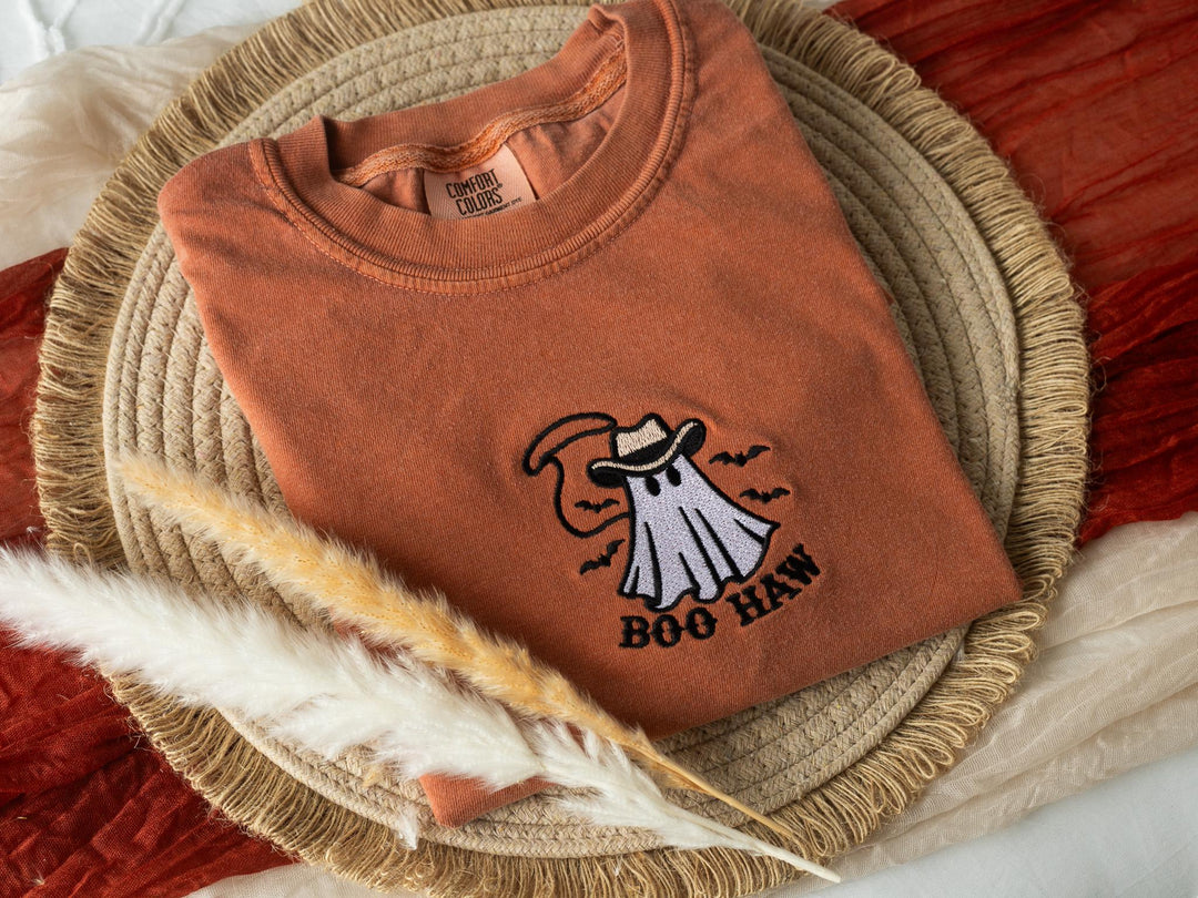 Embroidered Boo Haw Ghost T-shirt, Yam Colored T-shirt, Trendy Fall T-shirt, Fall shirts for Women, Cowboy Ghost Fall Halloween, BO1-C-97