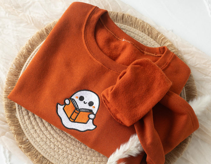 Embroidered Bookworm Ghost Sweatshirt, Embroidered Fall Sweatshirt, Halloween Sweatshirt, Bookworm Ghost Sweatshirt, Fall Crewneck, BW9-C-97