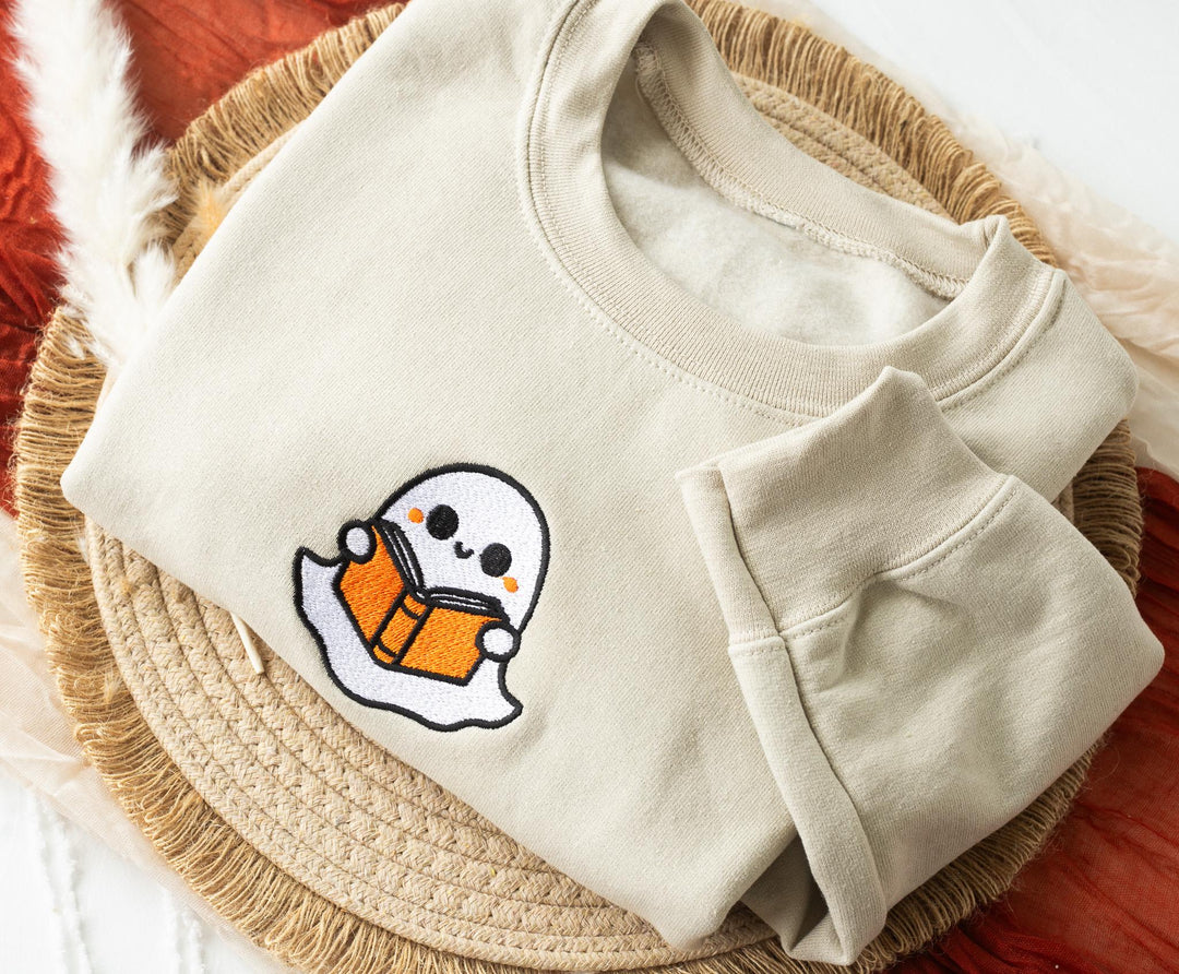 Embroidered Bookworm Ghost Sweatshirt, Embroidered Fall Sweatshirt, Halloween Sweatshirt, Bookworm Ghost Sweatshirt, Fall Crewneck, BW9-C-97