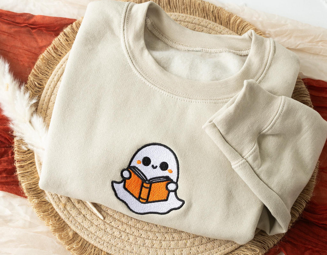 Embroidered Bookworm Ghost Sweatshirt, Embroidered Fall Sweatshirt, Halloween Sweatshirt, Bookworm Ghost Sweatshirt, Fall Crewneck, BW9-C-97