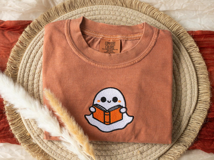 Embroidered Bookworm Ghost T-shirt, Yam Colored T-shirt, Trendy Fall T-shirt, Fall shirts for Women, Cowboy Ghost Fall Halloween, BW9-C-97