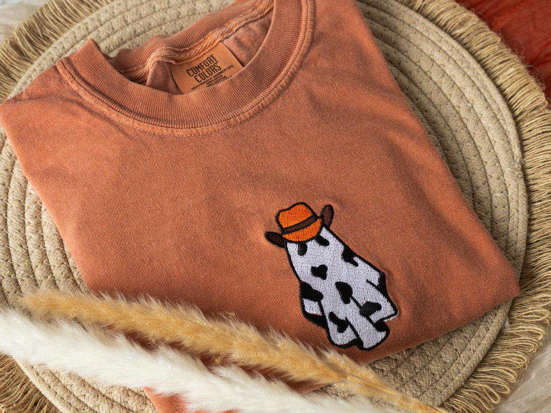 Embroidered Cow Ghost T-shirt, Yam Colored T-shirt, Trendy Fall T-shirt, Fall shirts for Women, Cowboy Ghost Fall Halloween Tee, CO1-C-97