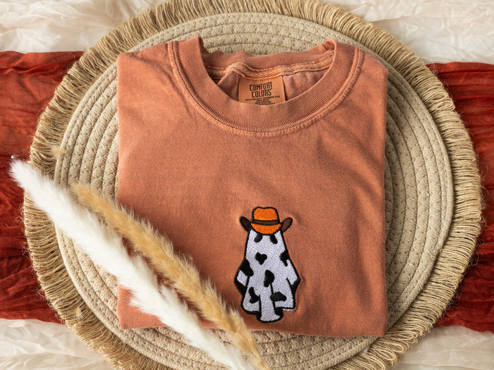 Embroidered Cow Ghost T-shirt, Yam Colored T-shirt, Trendy Fall T-shirt, Fall shirts for Women, Cowboy Ghost Fall Halloween Tee, CO1-C-97
