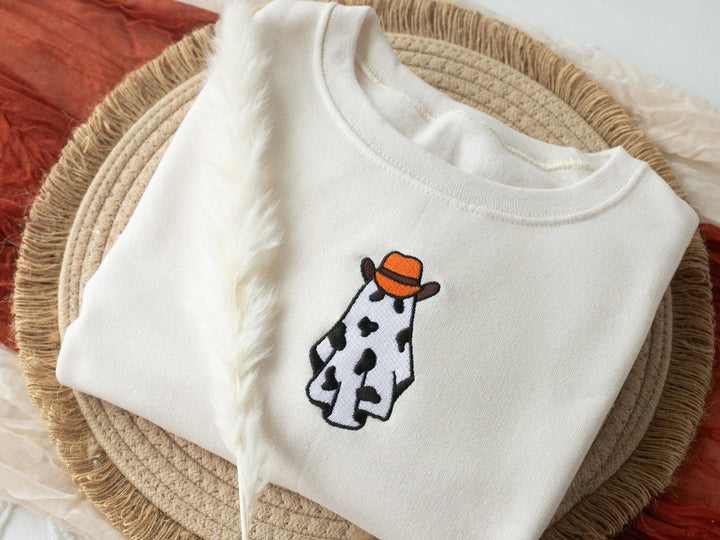 Embroidered Cow Ghost Sweatshirt, Embroidered Fall Sweatshirt, Halloween Sweatshirt, Cowboy Ghost Sweatshirt, Trendy Fall Crewneck, CO1-C-97