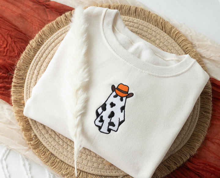 Embroidered Cow Ghost Sweatshirt, Embroidered Fall Sweatshirt, Halloween Sweatshirt, Cowboy Ghost Sweatshirt, Trendy Fall Crewneck, CO1-C-97