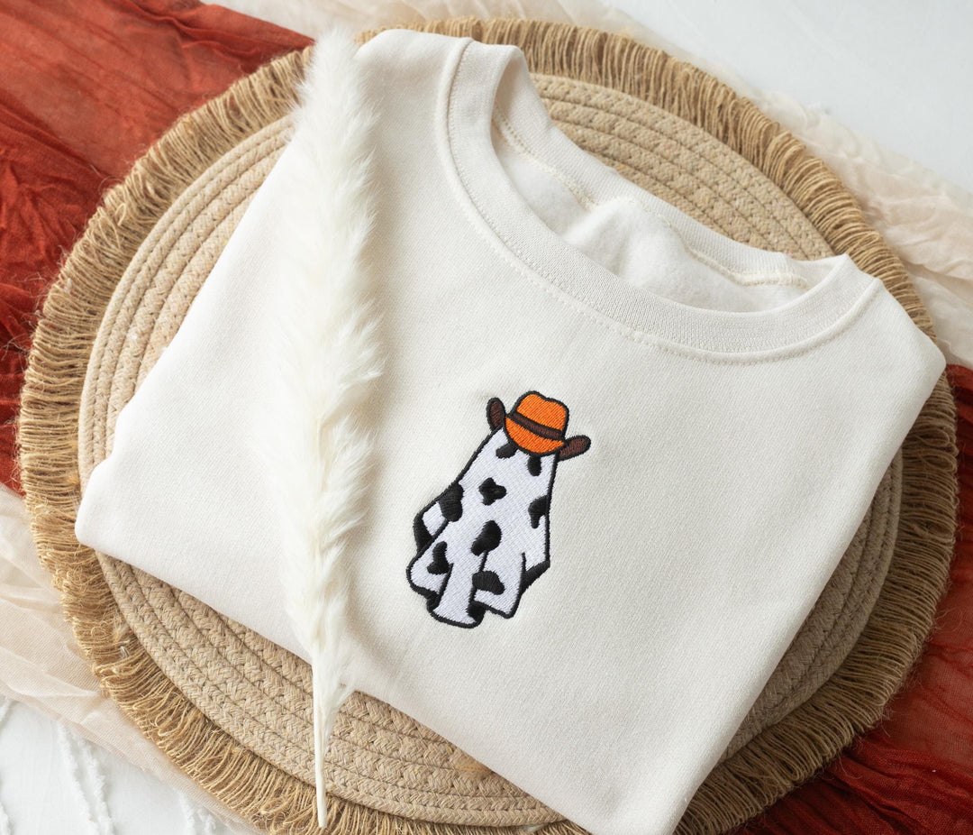 Embroidered Cow Ghost Sweatshirt, Embroidered Fall Sweatshirt, Halloween Sweatshirt, Cowboy Ghost Sweatshirt, Trendy Fall Crewneck, CO1-C-97