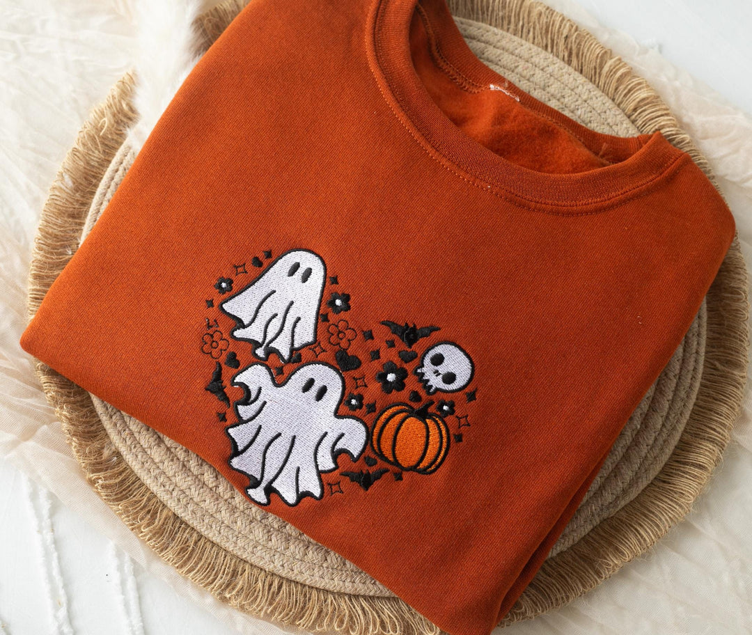 Embroidered Skull and Ghosts Sweatshirt, Embroidered Fall Sweatshirt, Halloween Sweatshirt, Ghost Sweatshirt, Fall Crewneck, SU1-C-120