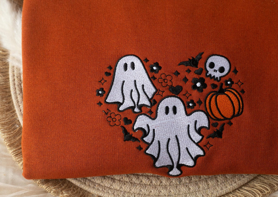 Embroidered Skull and Ghosts Sweatshirt, Embroidered Fall Sweatshirt, Halloween Sweatshirt, Ghost Sweatshirt, Fall Crewneck, SU1-C-120