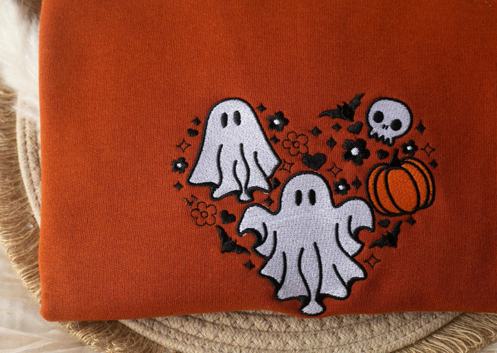 Embroidered Skull and Ghosts Sweatshirt, Embroidered Fall Sweatshirt, Halloween Sweatshirt, Ghost Sweatshirt, Fall Crewneck, SU1-C-120