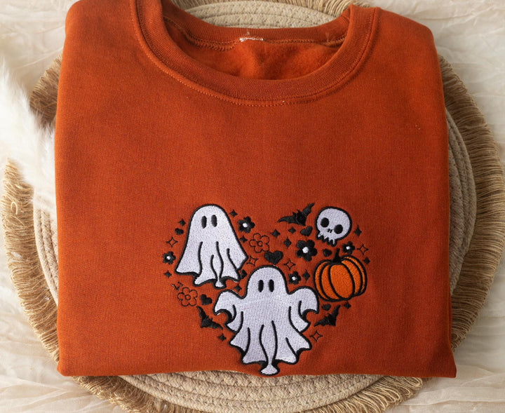 Embroidered Skull and Ghosts Sweatshirt, Embroidered Fall Sweatshirt, Halloween Sweatshirt, Ghost Sweatshirt, Fall Crewneck, SU1-C-120