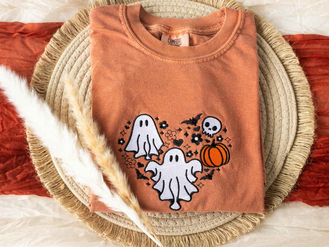 Embroidered Cow Ghost T-shirt, Yam Colored T-shirt, Trendy Fall T-shirt, Fall shirts for Women, Cowboy Ghost Fall Halloween Tee, SU1-C-196