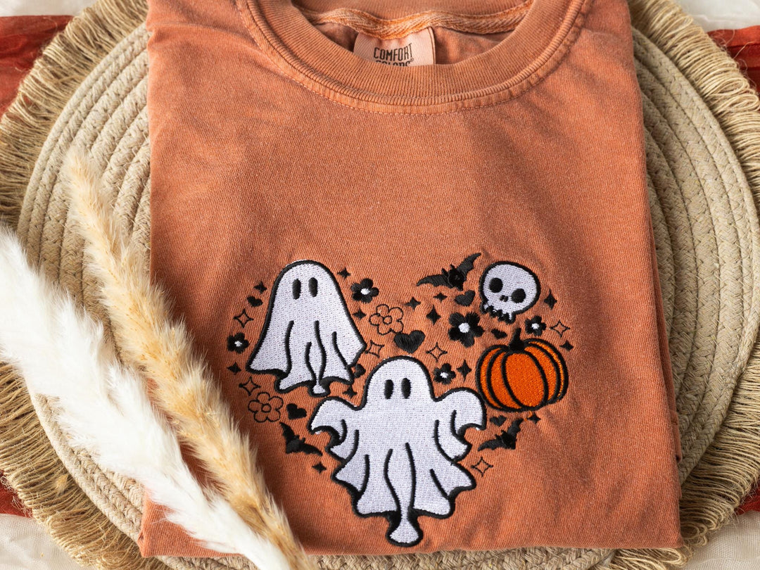Embroidered Cow Ghost T-shirt, Yam Colored T-shirt, Trendy Fall T-shirt, Fall shirts for Women, Cowboy Ghost Fall Halloween Tee, SU1-C-196