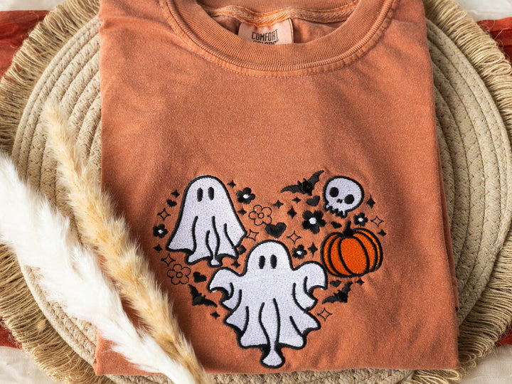 Embroidered Cow Ghost T-shirt, Yam Colored T-shirt, Trendy Fall T-shirt, Fall shirts for Women, Cowboy Ghost Fall Halloween Tee, SU1-C-196
