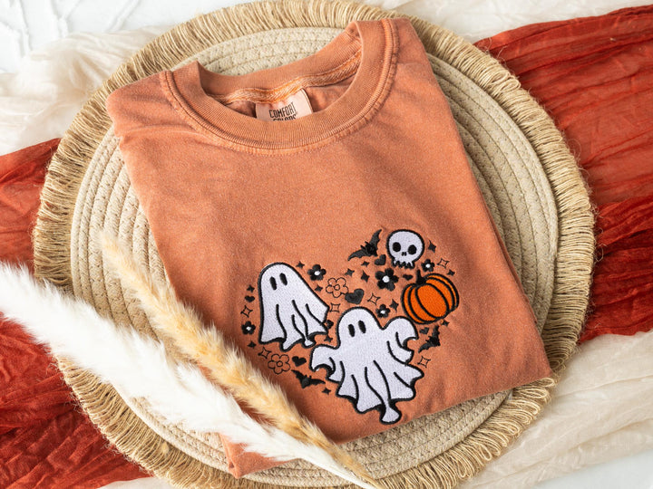 Embroidered Cow Ghost T-shirt, Yam Colored T-shirt, Trendy Fall T-shirt, Fall shirts for Women, Cowboy Ghost Fall Halloween Tee, SU1-C-196