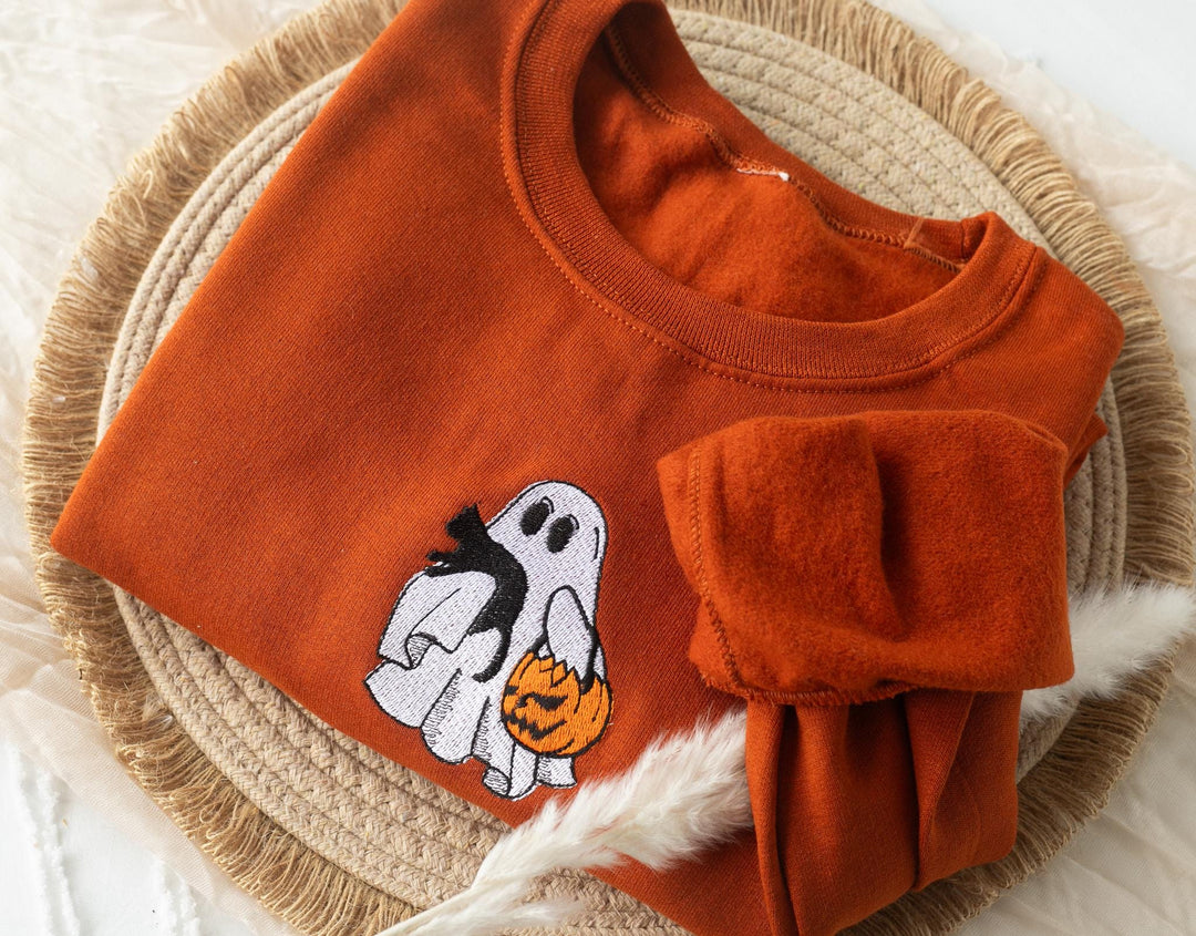 Embroidered Ghost and Cat Sweatshirt, Embroidered Fall Sweatshirt, Halloween Sweatshirt, Ghost Sweatshirt, Trendy Fall Crewneck, TG1-C-97