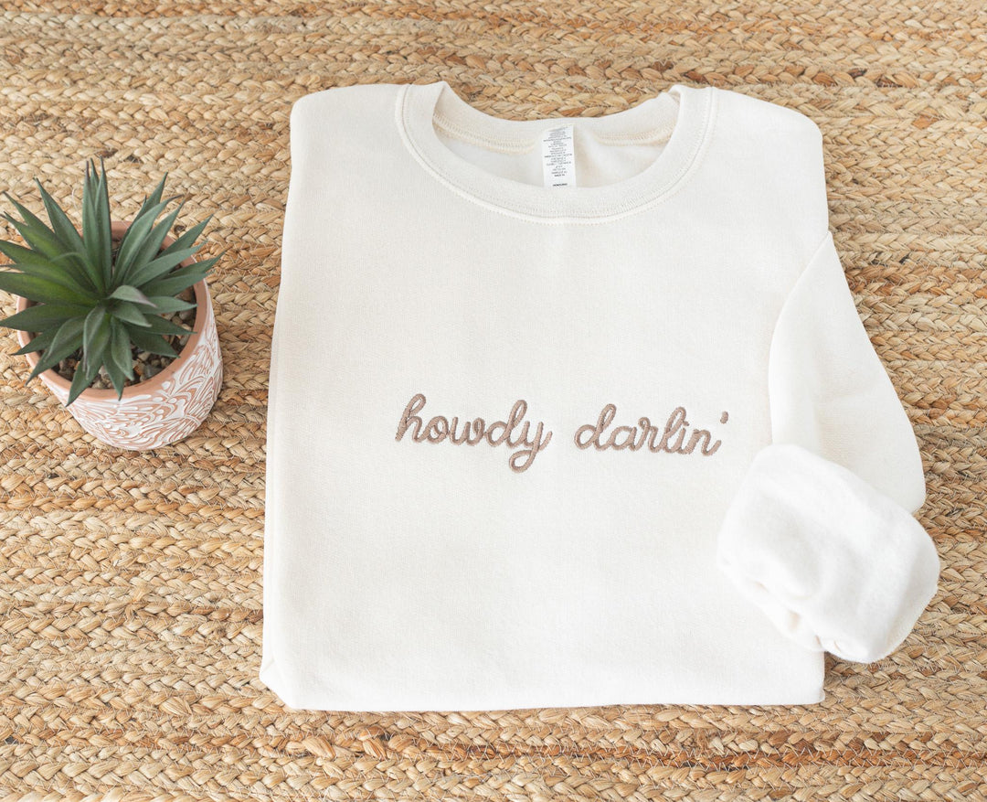 Embroidered Howdy Darlin Sweatshirt, Embroidered Cowgirl Sweatshirt, Cute Sweatshirts for Women, Trendy Crewneck, HDAR-C-196