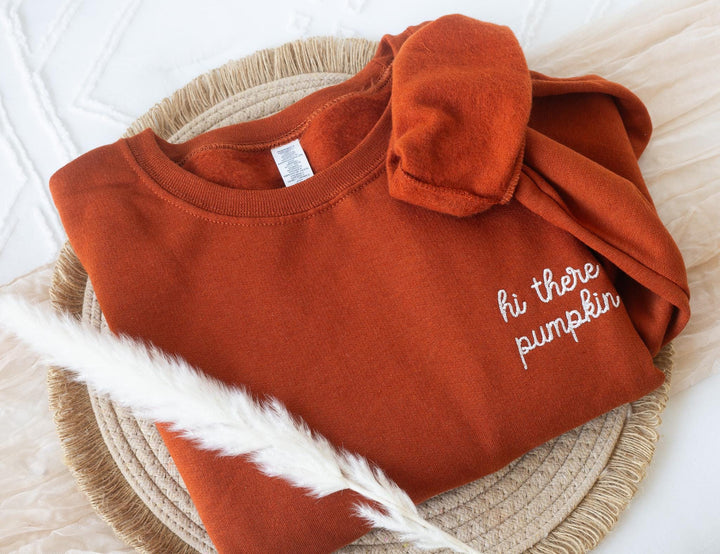 Embroidered Hi There Pumpkin Sweatshirt, Embroidered Fall Sweatshirt, Halloween Sweatshirt, Fall Sweater, Trendy Crewneck, HITHE-P-97