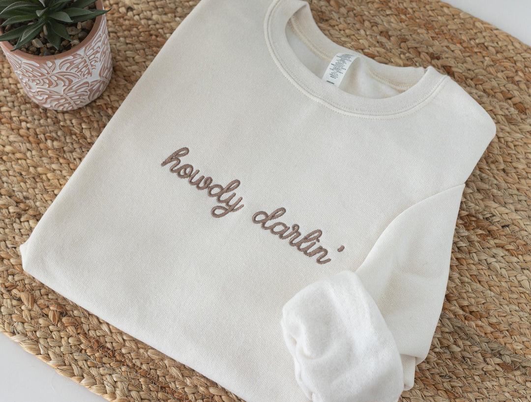 Embroidered Howdy Darlin Sweatshirt, Embroidered Cowgirl Sweatshirt, Cute Sweatshirts for Women, Trendy Crewneck, HDAR-C-196