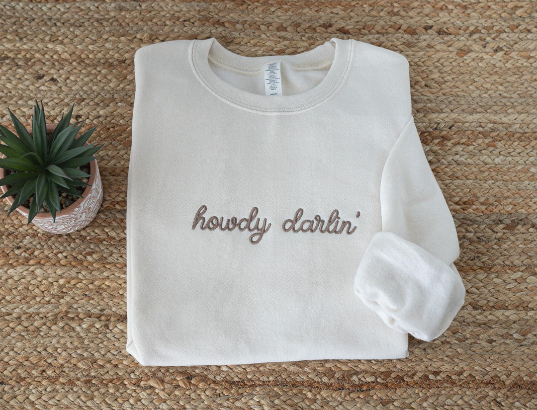 Embroidered Howdy Darlin Sweatshirt, Embroidered Cowgirl Sweatshirt, Cute Sweatshirts for Women, Trendy Crewneck, HDAR-C-196