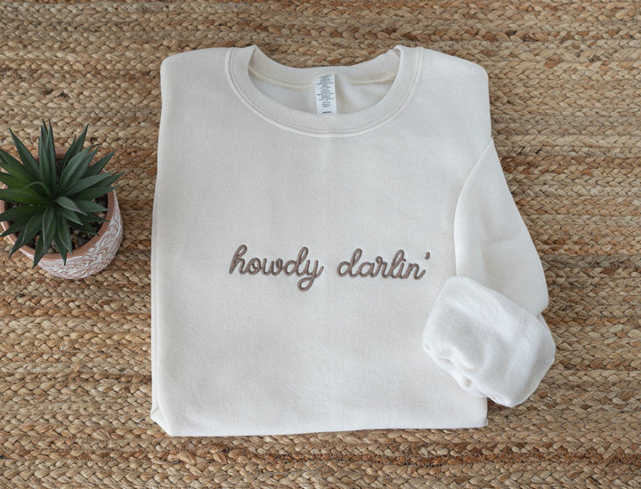 Embroidered Howdy Darlin Sweatshirt, Embroidered Cowgirl Sweatshirt, Cute Sweatshirts for Women, Trendy Crewneck, HDAR-C-196