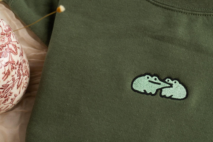Embroidered Cute Frog Sweatshirt, Embroidered Frog Kisses Sweatshirt, Funny Frog Sweatshirt, Trendy Crewneck or Hoodie, FRO-C-97