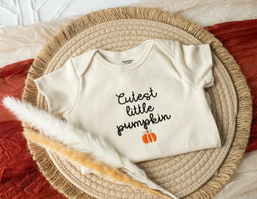 Embroidered Cutest Little Pumpkin Pumpkin Onesie® Fall Outfit Newborn, Halloween Onesie®, Baby's First Halloween, Pumpkin Patch, CL1-C-97