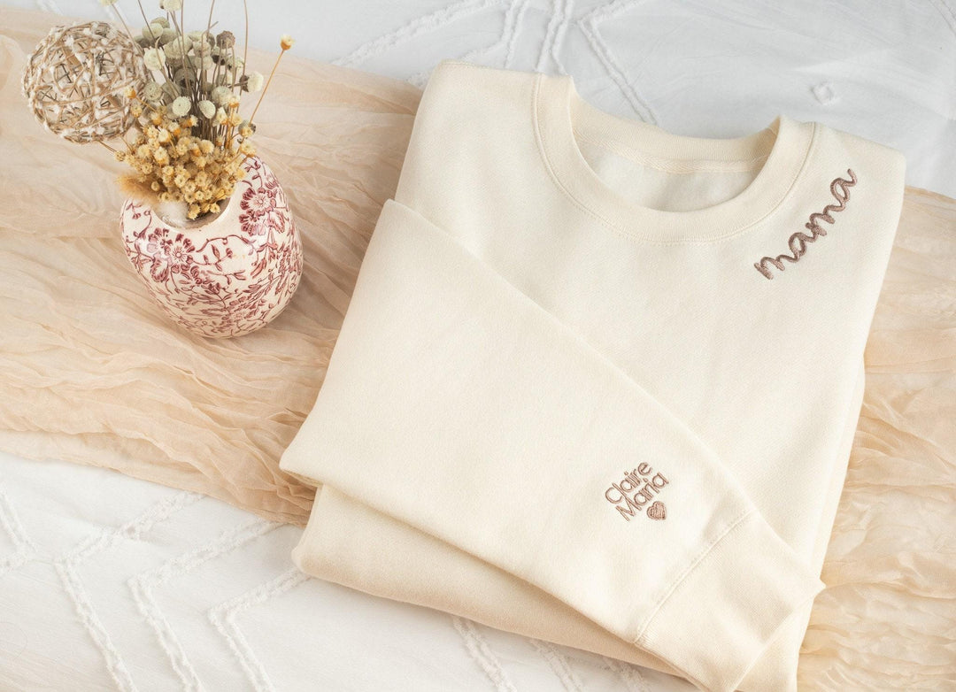 Embroidered Mother's Day Gift, New Mom Gifts, Collar and Sleeve Embroidered Mama Sweatshirt, Custom Gifts Mom, Embroidered Mom NEN97C X