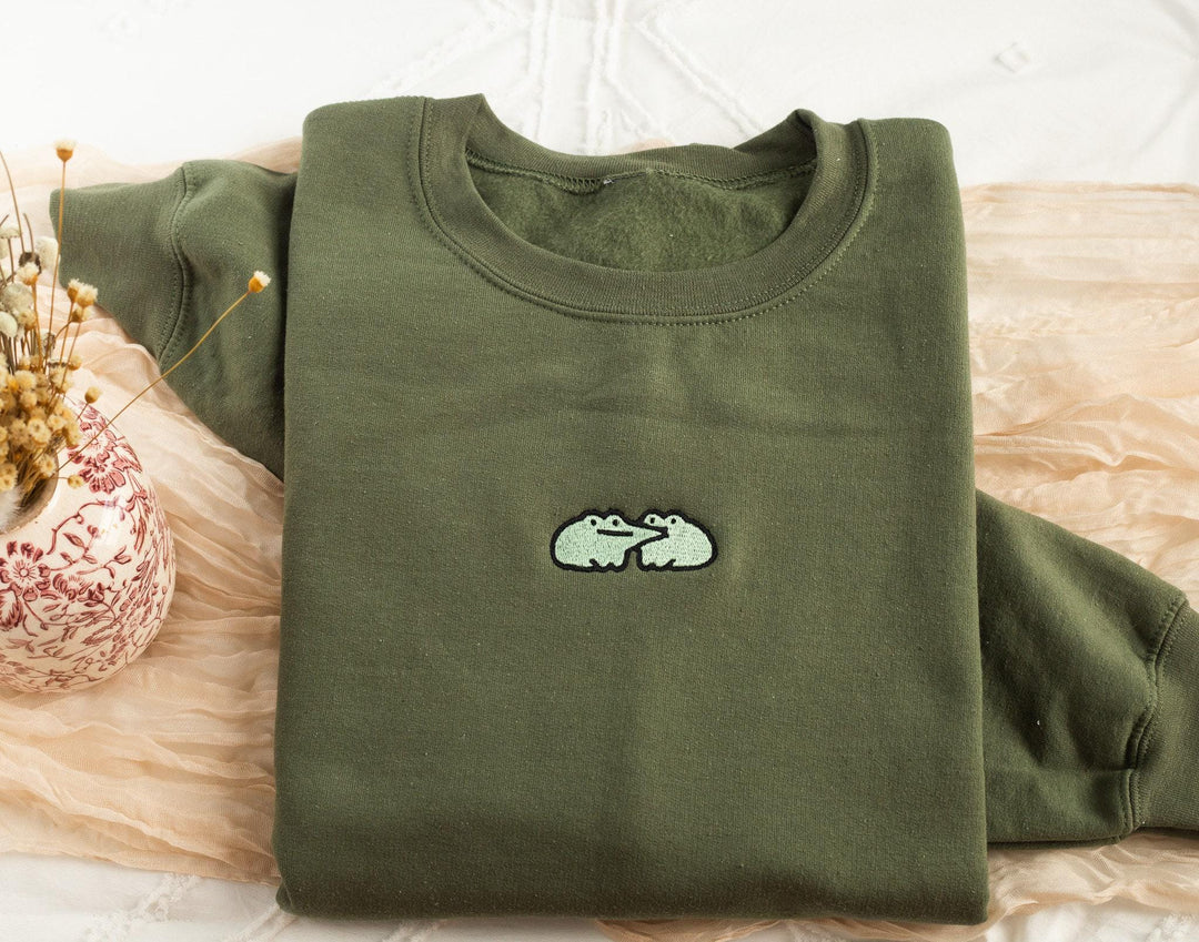 Embroidered Cute Frog Sweatshirt, Embroidered Frog Kisses Sweatshirt, Funny Frog Sweatshirt, Trendy Crewneck or Hoodie, FRO-C-97