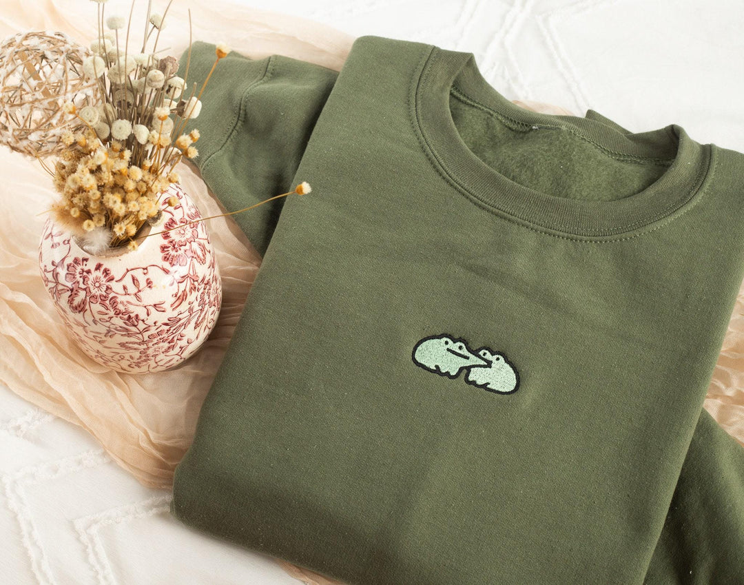 Embroidered Cute Frog Sweatshirt, Embroidered Frog Kisses Sweatshirt, Funny Frog Sweatshirt, Trendy Crewneck or Hoodie, FRO-C-97