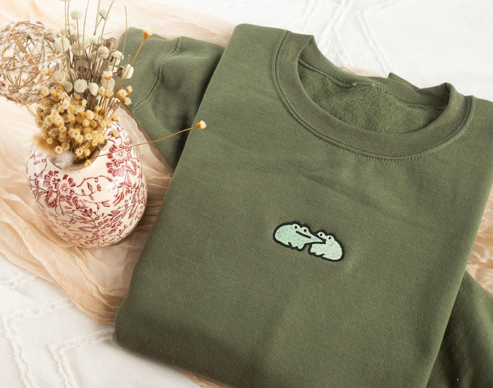 Embroidered Cute Frog Sweatshirt, Embroidered Frog Kisses Sweatshirt, Funny Frog Sweatshirt, Trendy Crewneck or Hoodie, FRO-C-97