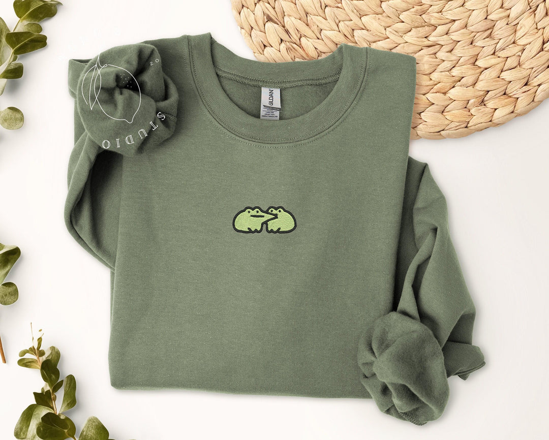 Embroidered Cute Frog Sweatshirt, Embroidered Frog Kisses Sweatshirt, Funny Frog Sweatshirt, Trendy Crewneck or Hoodie, FRO-C-97