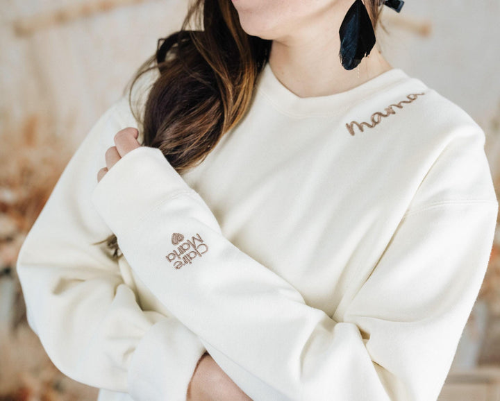Custom Collar and Sleeve Embroidered Sweatshirt, Embroidered Mom Grandmother Sweatshirt with Kids Names Kids Names, Personalized NEN97C X