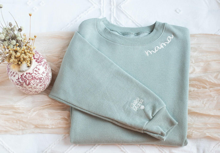 Custom Collar and Sleeve Embroidered Sweatshirt, Embroidered Mom Grandmother Sweatshirt with Kids Names Kids Names, Personalized NEN97C X