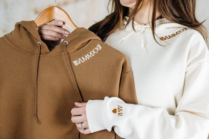 Custom Embroidered Collar Roman Numeral Hoodie, Personalized Couples Gifts, Anniversary Gifts, Cotton Anniversary Matching CRN97C X