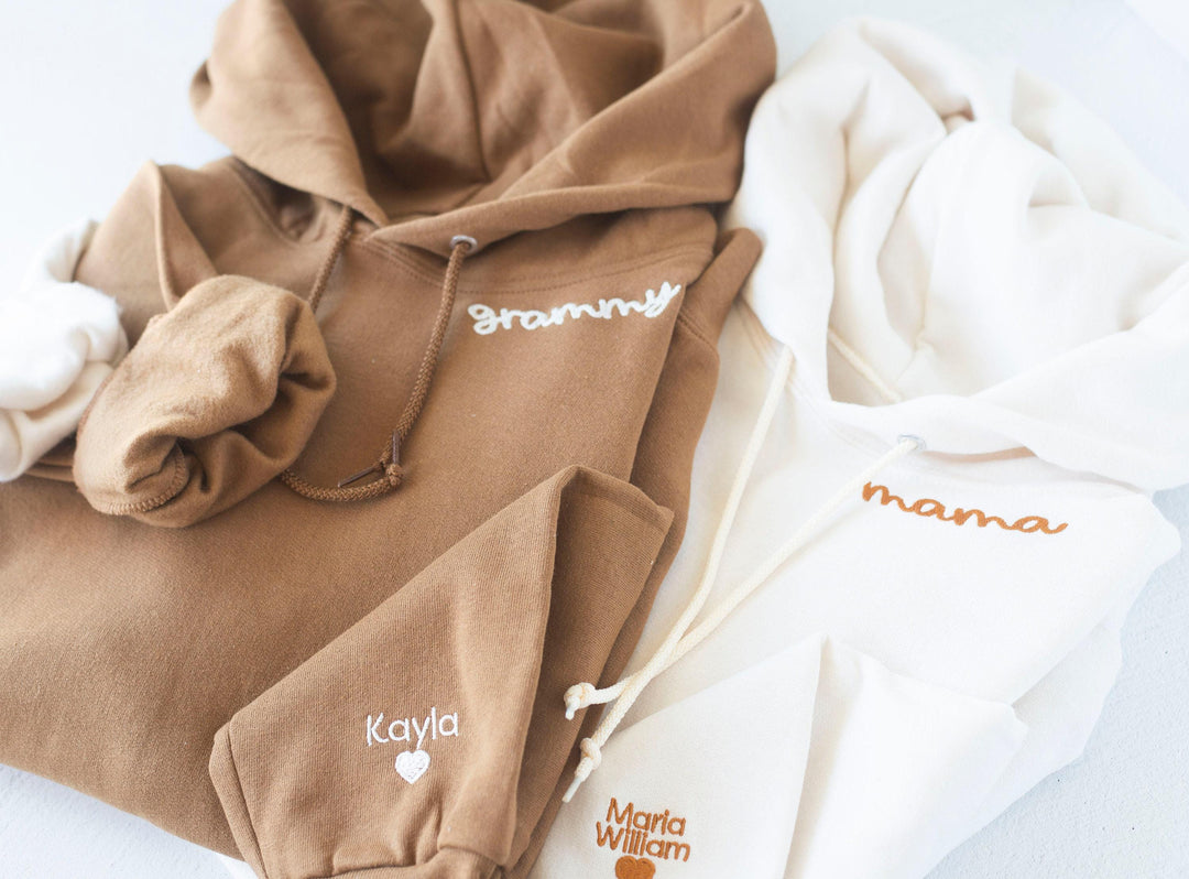 Personalized Gifts for Mom, Mother's Day Gifts for Grandmother Mom Mama Mimi Gigi, Custom Embroidered Hoodie with Sleeve Collar NEN97C X
