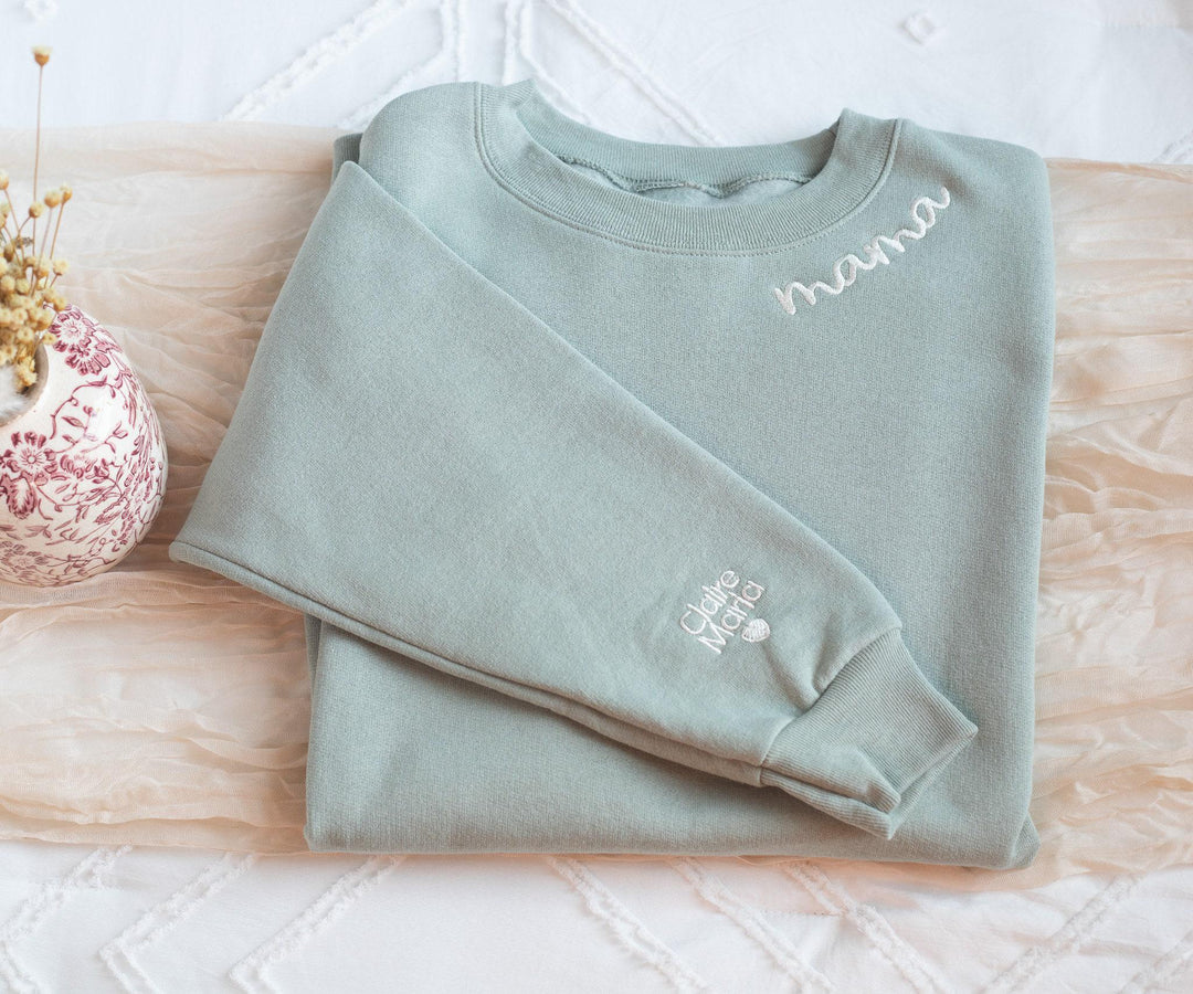 Custom Collar and Sleeve Embroidered Mama Sweatshirt, Embroidered Mom Grandmother Sweatshirt with Kids Names, Mother's Day Gifts NEN97C X