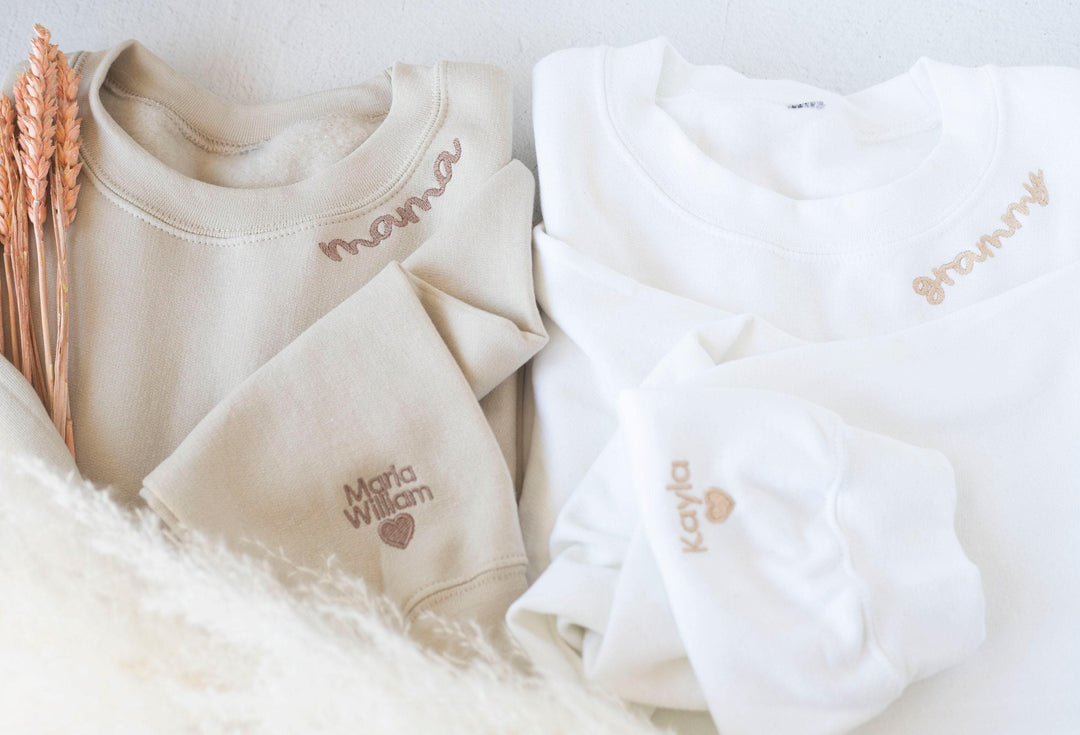 Custom Collar and Sleeve Embroidered Sweatshirt, Embroidered Mom Grandmother Sweatshirt with Kids Names Kids Names, Personalized NEN97C X
