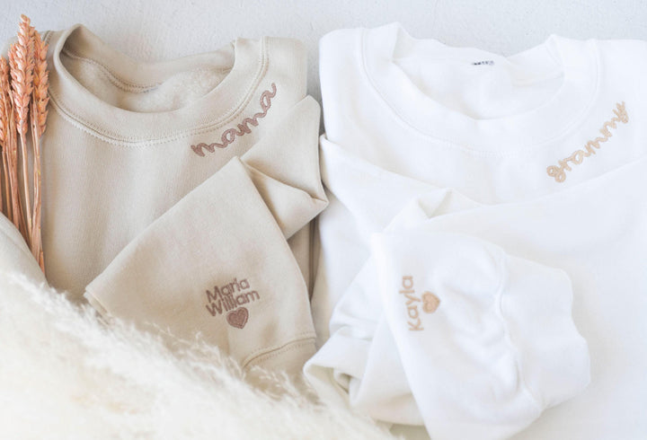 Custom Collar and Sleeve Embroidered Sweatshirt, Embroidered Mom Grandmother Sweatshirt with Kids Names Kids Names, Personalized NEN97C X