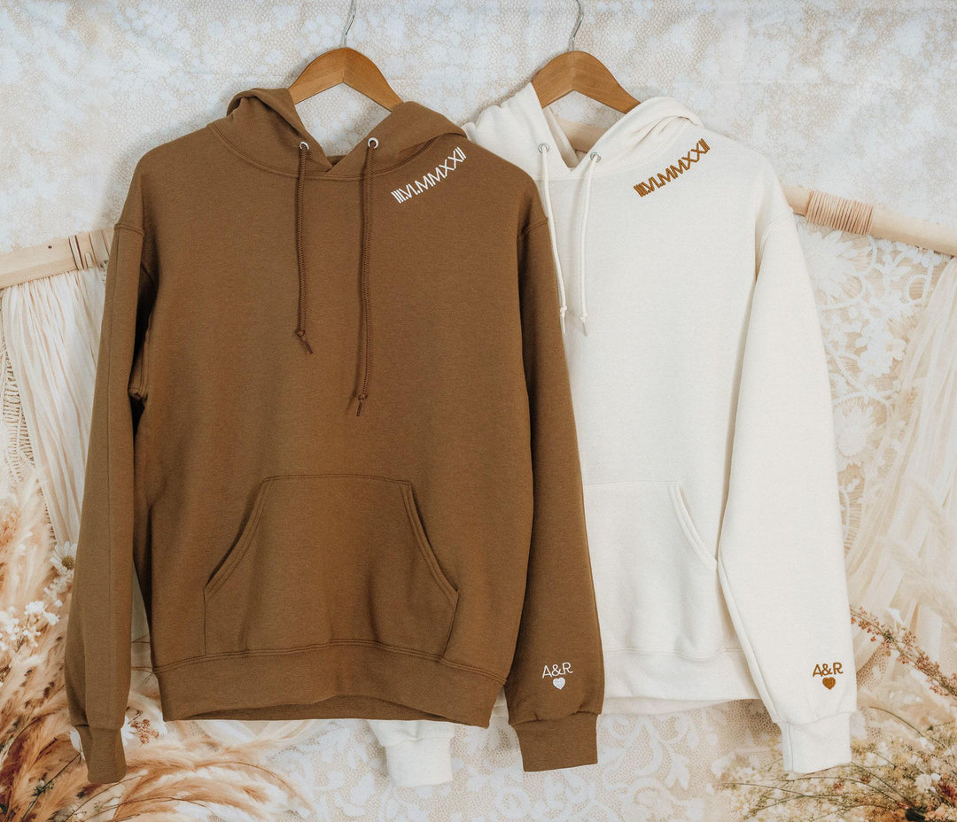 Custom Embroidered Collar Roman Numeral Hoodie, Personalized Couples Gifts, Anniversary Gifts, Cotton Anniversary Matching CRN97C X