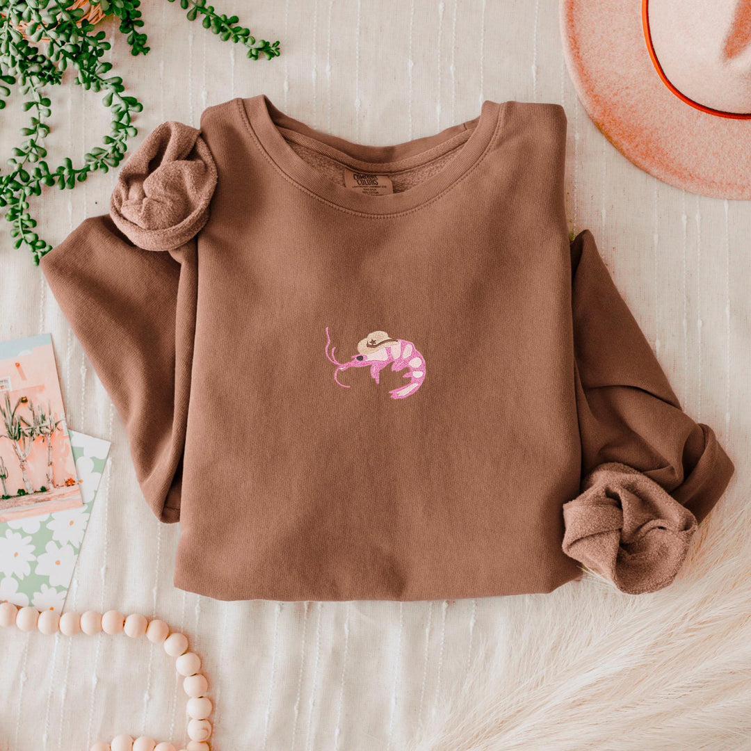 Cowboy Shrimp Embroidered Sweatshirt, Comfort Colors® Fleece Crewneck, Embroidered Comfort Colors Crewneck Sweatshirt SHRI-C-97