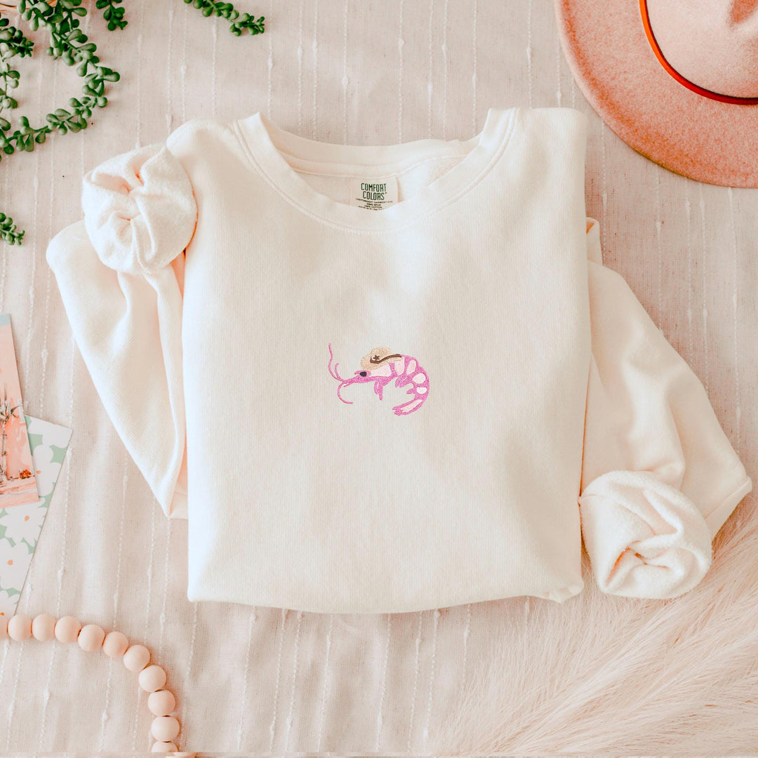 Cowboy Shrimp Embroidered Sweatshirt, Comfort Colors® Fleece Crewneck, Embroidered Comfort Colors Crewneck Sweatshirt SHRI-C-97
