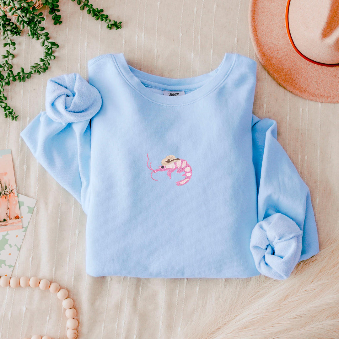 Cowboy Shrimp Embroidered Sweatshirt, Comfort Colors® Fleece Crewneck, Embroidered Comfort Colors Crewneck Sweatshirt SHRI-C-97