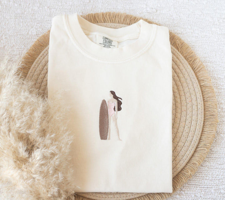 Embroidered Surfer Girl T-shirt, Embroidered Surfer Tshirt, Embroidered Beach Tee, Trendy Summer Tshirts for Women SURG-C-97