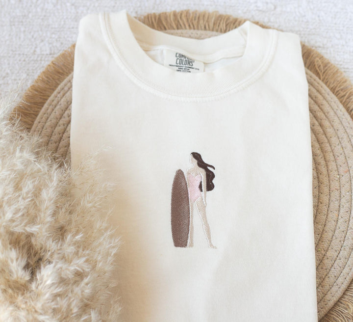 Embroidered Surfer Girl T-shirt, Embroidered Surfer Tshirt, Embroidered Beach Tee, Trendy Summer Tshirts for Women SURG-C-97