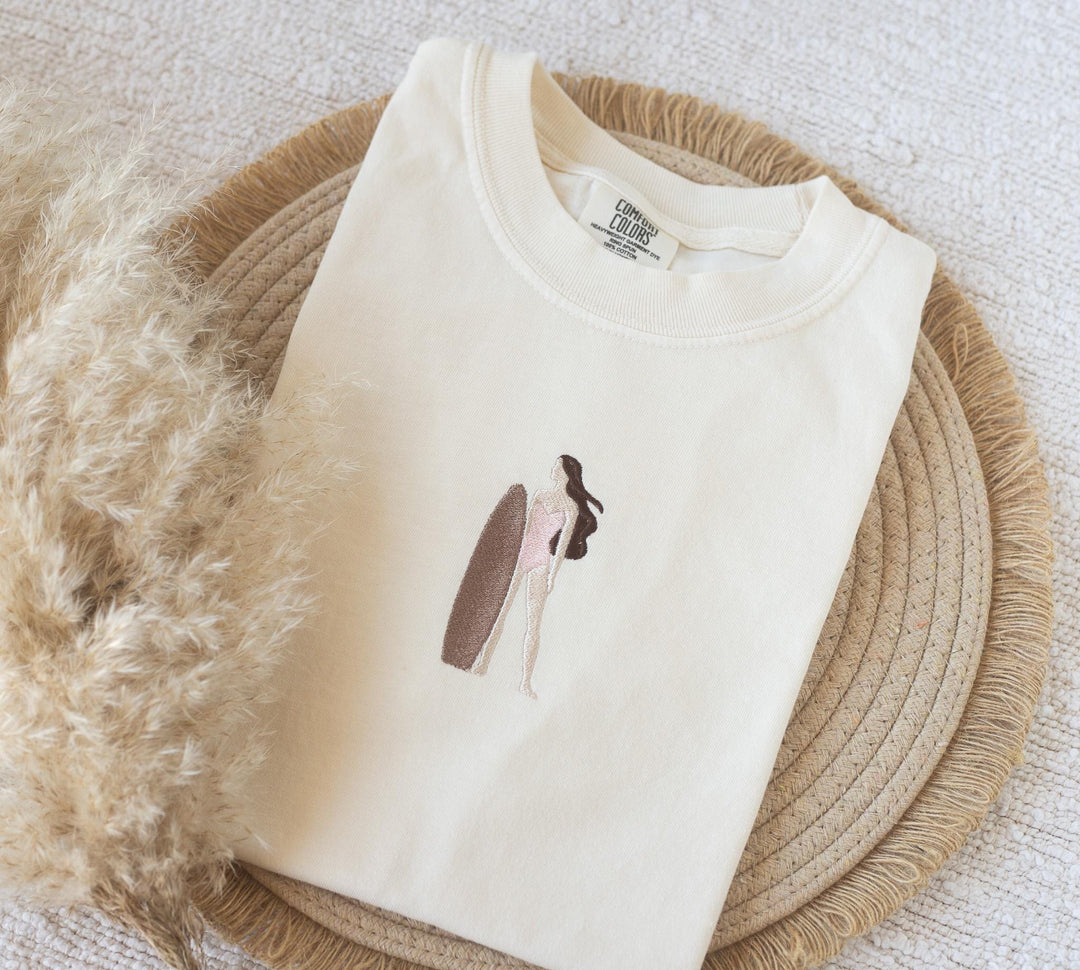 Embroidered Surfer Girl T-shirt, Embroidered Surfer Tshirt, Embroidered Beach Tee, Trendy Summer Tshirts for Women SURG-C-97