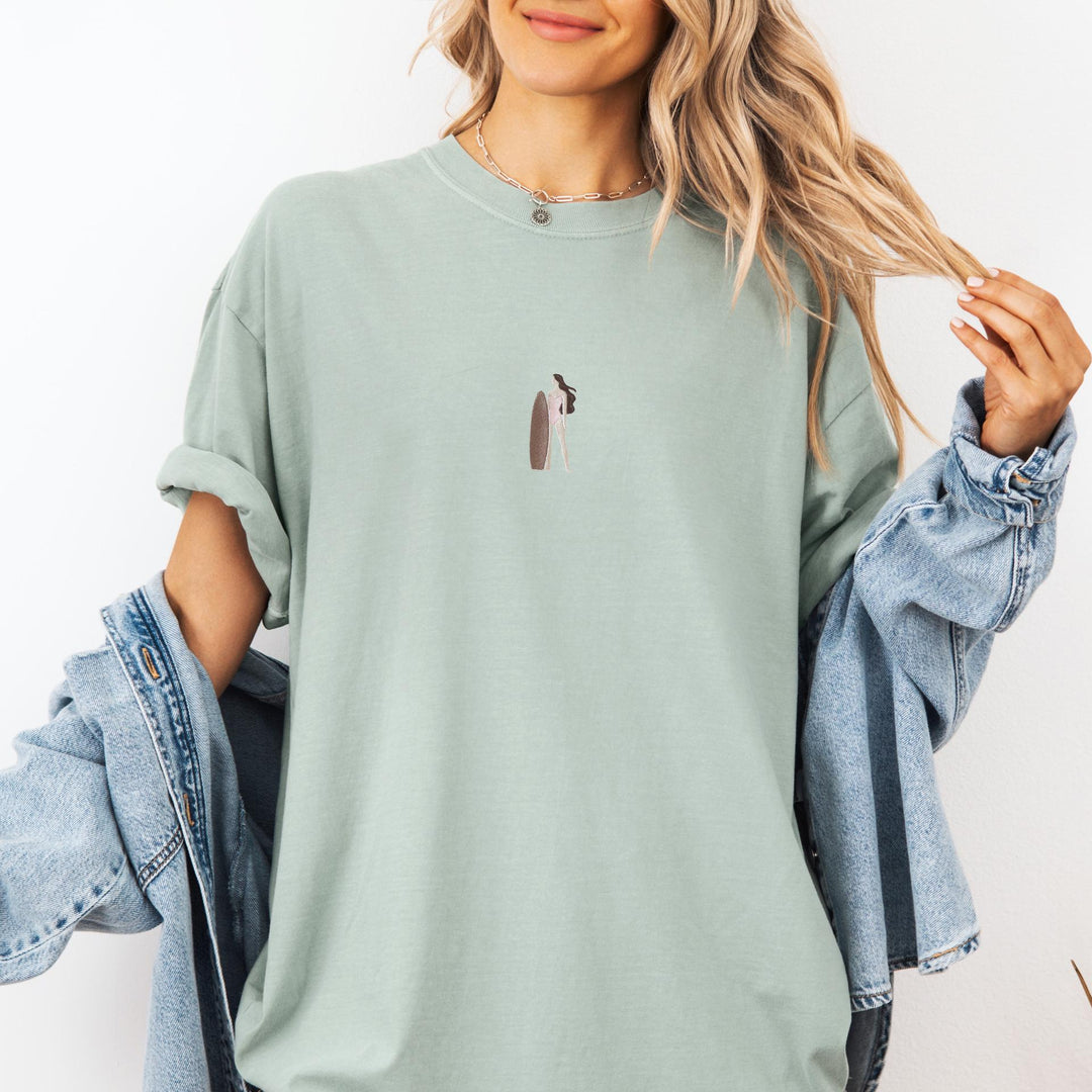 Embroidered Surfer Girl T-shirt, Embroidered Surfer Tshirt, Embroidered Beach Tee, Trendy Summer Tshirts for Women SURG-C-97