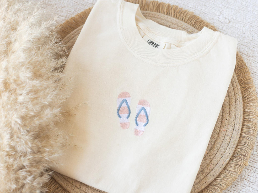 Embroidered Flip Flop T-shirt, Embroidered Summer T-shirt, Embroidered Summer Tee, Trendy Summer Tshirts for Women FLIP-C-97